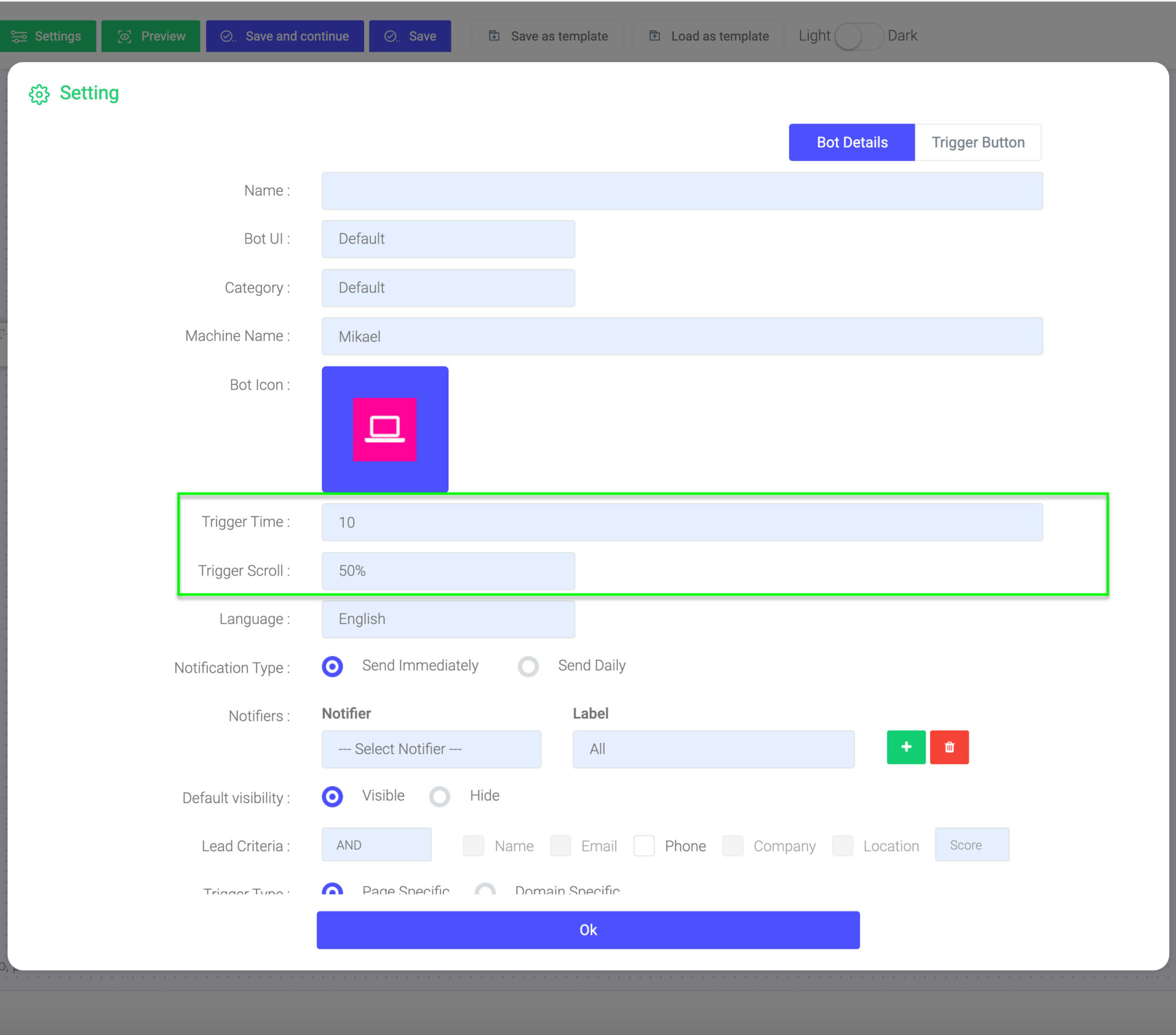 settings1 scaled chatbot triggering rules Defining triggering rules for your Leadoo ChatBot