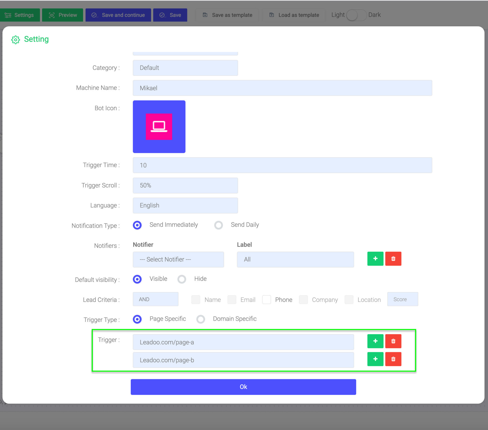 settings2 scaled chatbot triggering rules Defining triggering rules for your Leadoo ChatBot