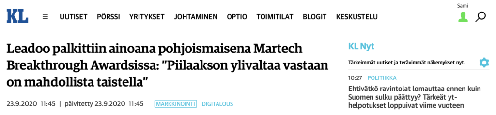 leadoo-martech-breakthrough-awards-kauppalehti