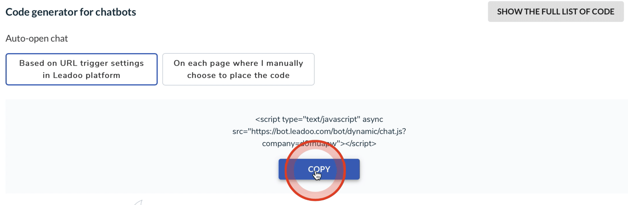 Screenshot 2021 01 18 at 11.23.35 how to embed leadoo chatbot How to embed Leadoo Chatbot + code generator explained