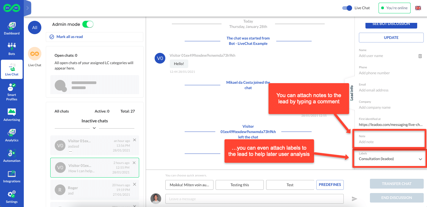 livechat notes et labels how to use leadoo live chat How to start chatting in Leadoo Live Chat?