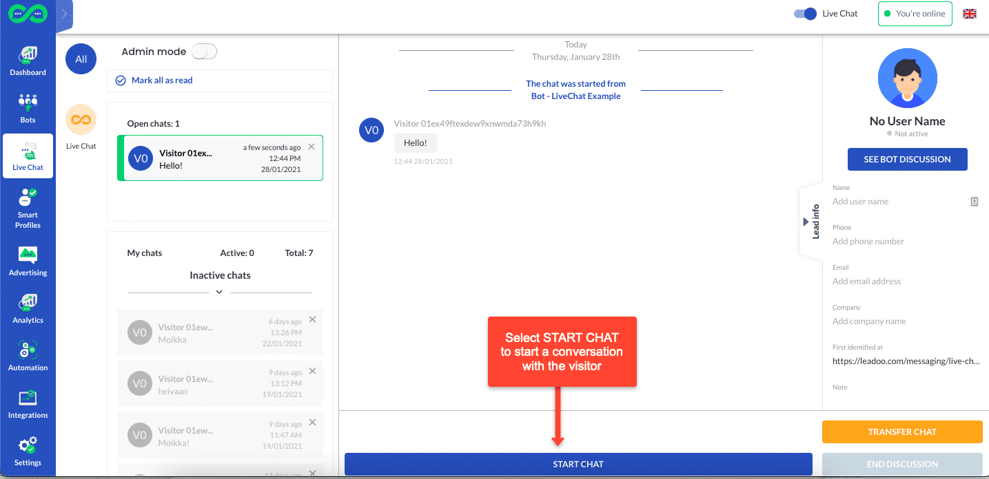 select start livechat how to use leadoo live chat How to start chatting in Leadoo Live Chat?