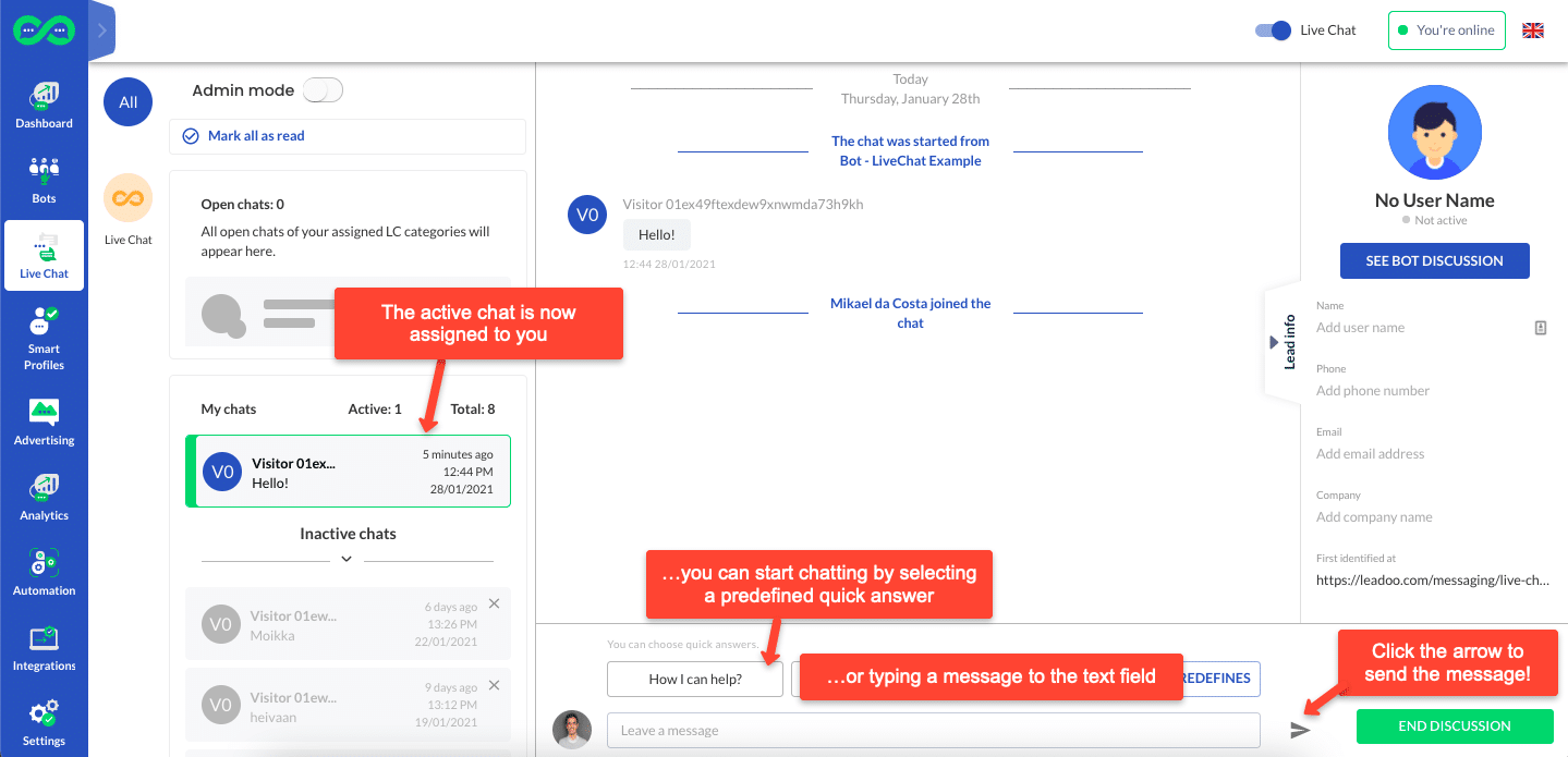 send message livechat how to use leadoo live chat How to start chatting in Leadoo Live Chat?