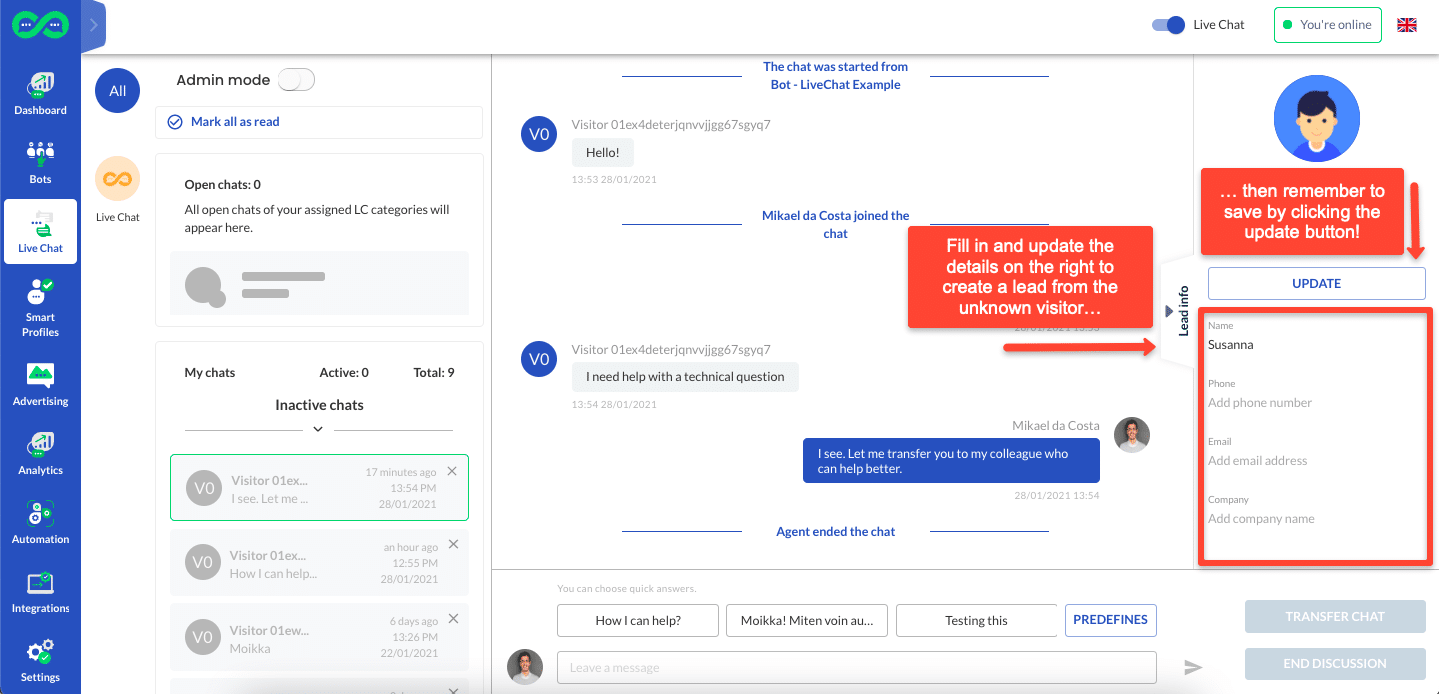 update lead livechat how to use leadoo live chat How to start chatting in Leadoo Live Chat?