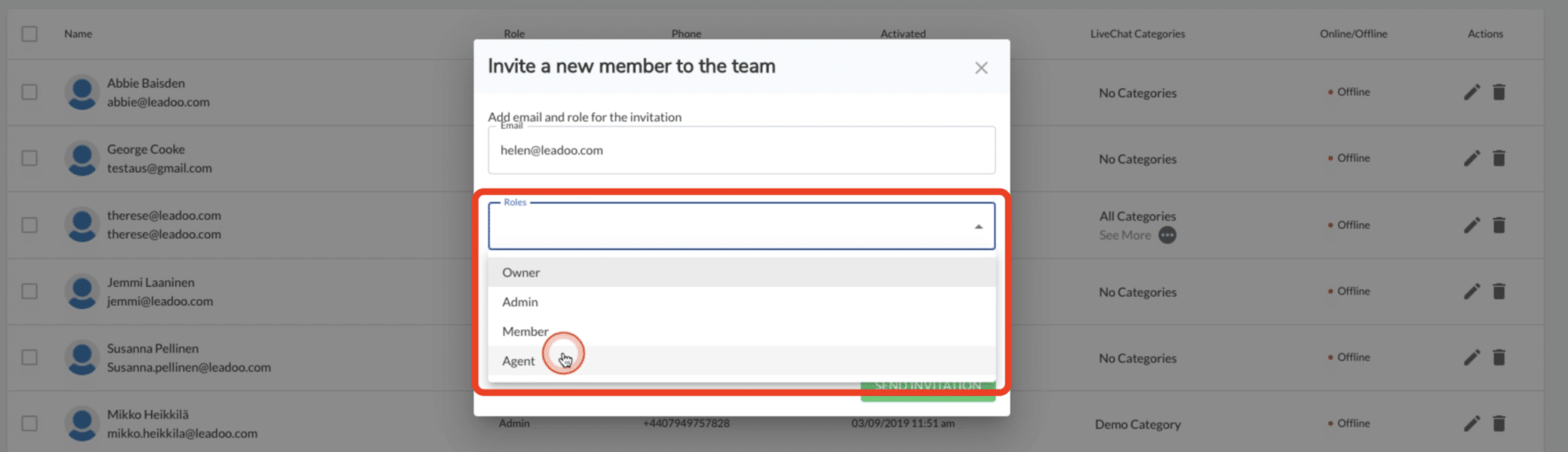 select the ive chat agent role for new Leadoo user