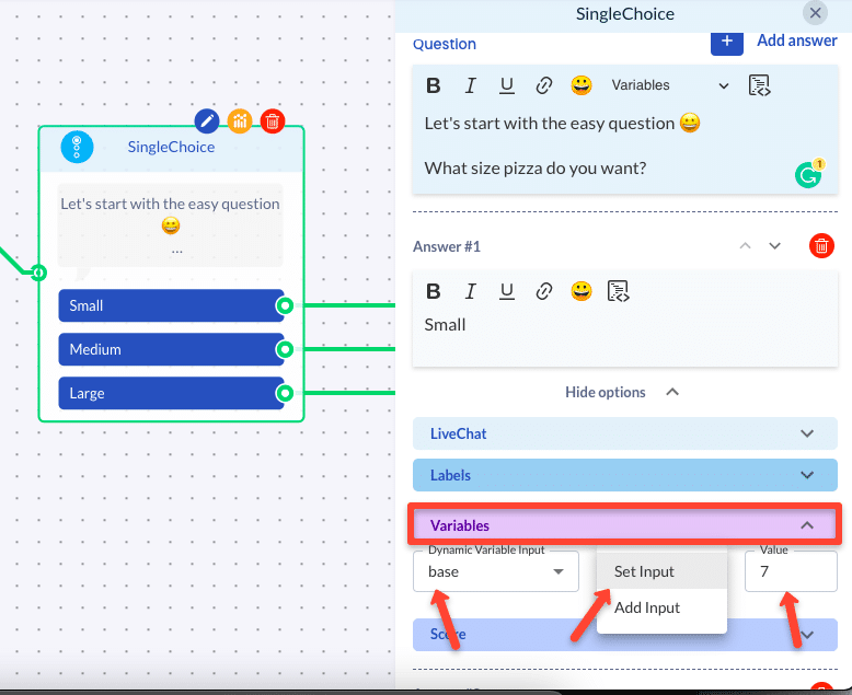 attaching variables to singlechoice